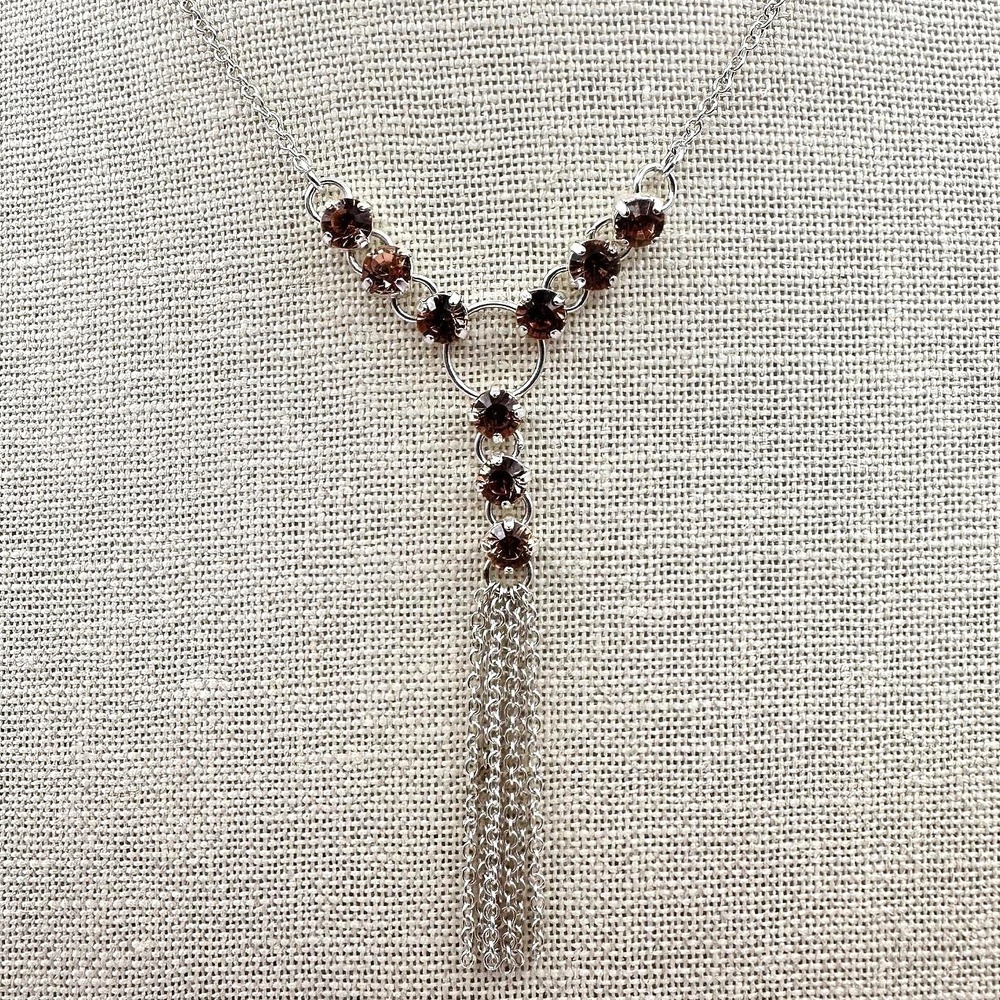 Vintage Y2K Silver Tone Chain Brown Rhinestone Tassel Necklace Statement Jewelry